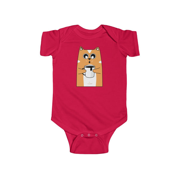 Orange Cat Loves Coffee Infant Fine Jersey Regular Fit Unisex Bodysuit - Made in UK-Infant Short Sleeve Bodysuit-Red-NB-Heidi Kimura Art LLC