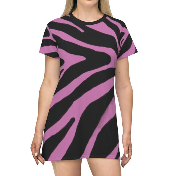 Pink Zebra Print T-Shirt Dress, Light Pink Zebra Animal Print Designer Crew Neck Women's Long Tee T-shirt Fashion Dress-Made in USA (US Size: XS-2XL)