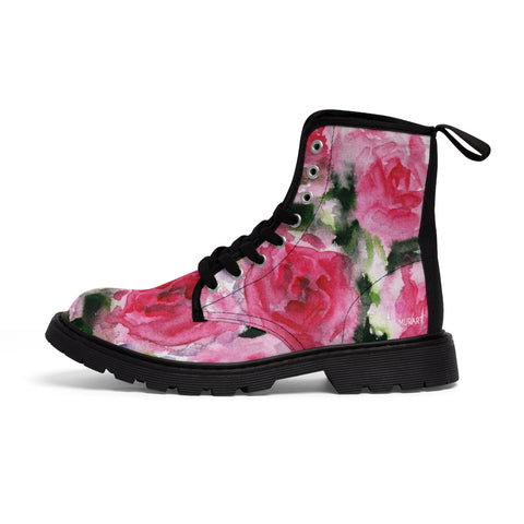 Pink Floral Print Women's Boots, Best Winter Flower Print Women's Boots, Combat Boots, Designer Women's Winter Lace-up Toe Cap Hiking Boots Shoes For Women (US Size 6.5-11) Flower Boots For Women, Pink Floral Boots For Women