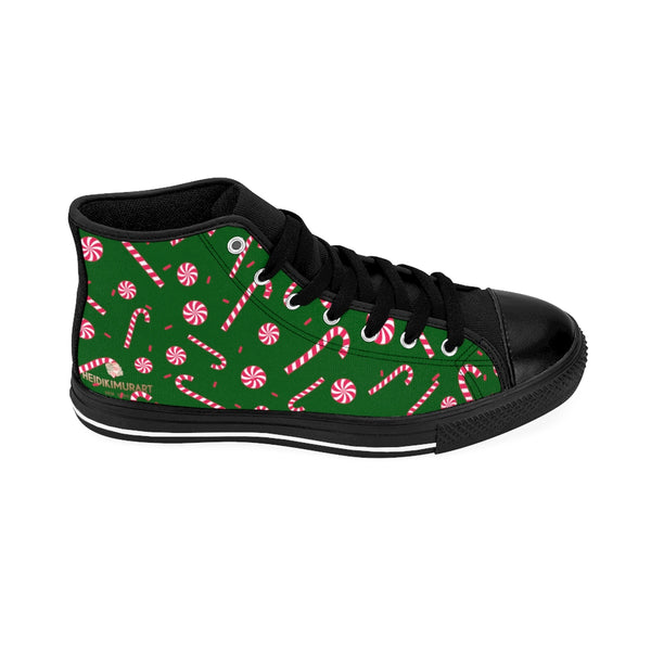 Dark Green Christmas Red White Candy Cane Men's High-Top Sneakers Shoes-Men's High Top Sneakers-Heidi Kimura Art LLC