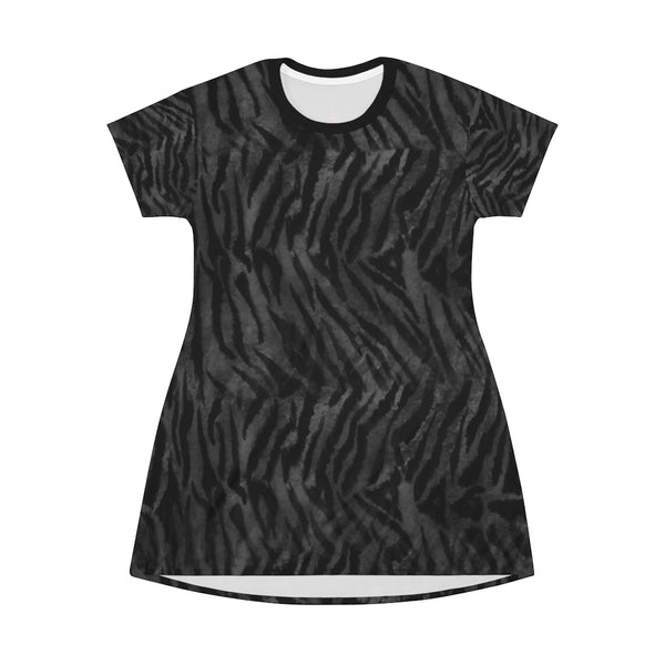 Grey Tiger Stripes T-Shirt Dress, Animal Print Designer Crew Neck Women's Long Tee T-shirt Dress-Made in USA (US Size: XS-2XL)