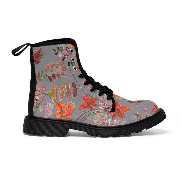 Gray Fall Leaves Women's Boots, Grey Autumn Fall Leaves Print Women's Boots, Combat Boots, Designer Women's Winter Lace-up Toe Cap Hiking Boots Shoes For Women (US Size 6.5-11) Fall Leaves Fashion Canvas Shoes, Fall Leaves Print Winter Boots, Autumn Leaves Printed Boots For Ladies, Colorful Boots For Women