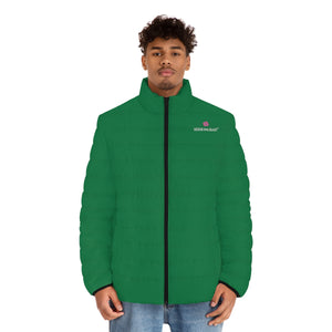 Dark Green Color Men's Jacket, Solid Green Color Casual Men's Winter Jacket, Best Modern Minimalist Classic Green Color Regular Fit Polyester Men's Puffer Jacket With Stand Up Collar (US Size: S-2XL)