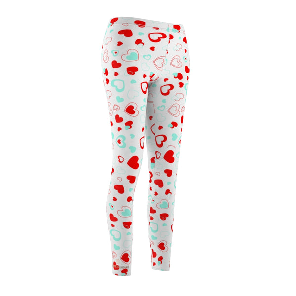 White Red Hearts Valentines Print Women's Dressy Long Casual Leggings- Made in USA-All Over Prints-Heidi Kimura Art LLC