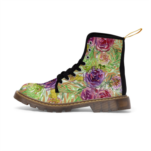 Brown Yellow Floral Women's Boots, Flower Print Vintage Style Hiking Combat Boots For Ladies