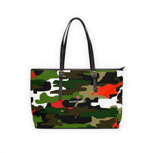 Green Camo Print Tote Bag, Best Stylish Green Red Camouflage Military Army Printed PU Leather Shoulder Large Spacious Durable Hand Work Bag 17"x11"/ 16"x10" With Gold-Color Zippers & Buckles & Mobile Phone Slots & Inner Pockets, All Day Large Tote Luxury Best Sleek and Sophisticated Cute Work Shoulder Bag For Women With Outside And Inner Zippers