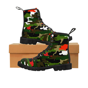 Green Red Camouflage Military Army Print Men's Canvas Winter Laced Up Boots-Men's Boots-Black-US 9-Heidi Kimura Art LLC Green Red Camo Men's Boots, Green Red Camouflage Military Army Print Men's Canvas Winter Laced Up Boots Anti Heat + Moisture Designer Men's Winter Boots (US Size: 7-10.5)