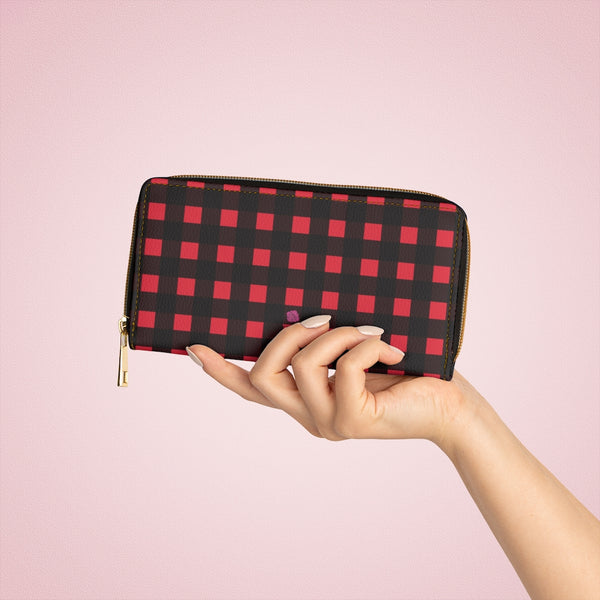 Red Buffalo Plaid Zipper Wallet, Black and Red Plaid Printed 7.87" x 4.33" Luxury Cruelty-Free Faux Leather Women's Wallet & Purses Compact High Quality Nylon Zip & Metal Hardware, Luxury Long Wallet Card Cases For Women