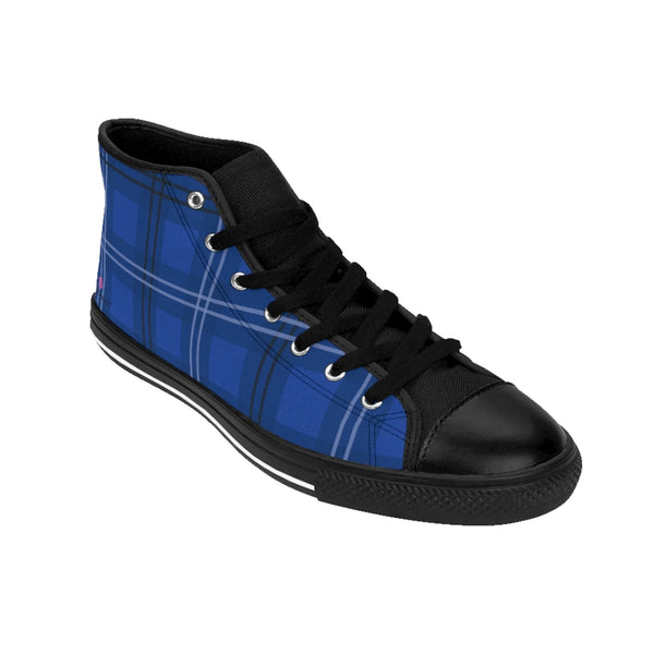 Blue Plaid Men's High Tops, Scottish Plaid Preppy Print Designer Men's Shoes, Men's High Top Sneakers US Size 6-14, Mens High Top Casual Shoes, Unique Fashion Tennis Shoes, Mens Modern Footwear (US Size: 6-14)