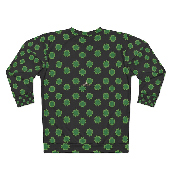 Black St. Patrick's Day Green Clover Print Unisex Cotton Polyester Sweatshirt- Made in USA-Unisex Sweatshirt-Heidi Kimura Art LLC