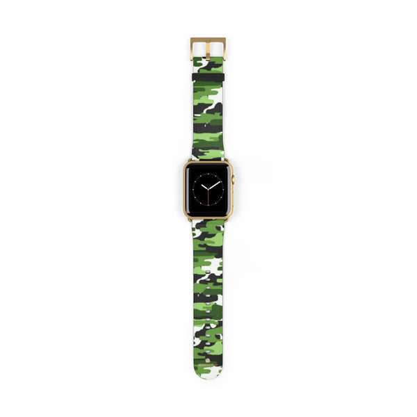 Green & White Camo Print 38mm/42mm Watch Band For Apple Watch- Made in USA-Watch Band-42 mm-Gold Matte-Heidi Kimura Art LLC