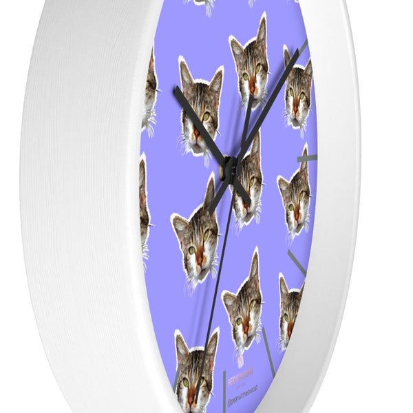 Purple Cat Print Bath Mat, Cute Calico Cat Large 10" Dia. Indoor Wall Clocks- Made in USA-Wall Clock-Heidi Kimura Art LLC
