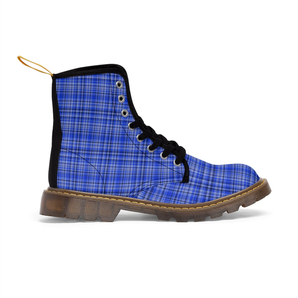 Preppy Blue Plaid Women's Canvas Boots, Best Blue Plaid Print Canvas Boots For Women, Elegant Feminine Casual Fashion Gifts, Hunting Style Combat Boots, Designer Women's Winter Lace-up Toe Cap Hiking Boots Shoes For Women (US Size 6.5-11)