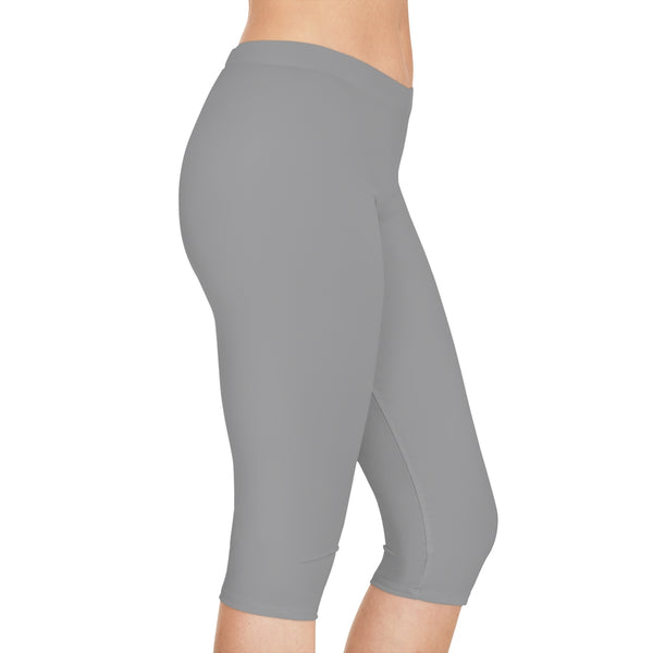 Ash Grey Women's Capri Leggings, Knee-Length Mid-Waist Fit Knee-Length Polyester Capris Tights-Made in USA (US Size: XS-3XL)