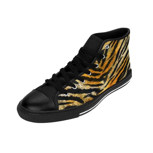 Orange Tiger Stripe Mens' Hip Tops, Animal Print Designer Men's High Top Sneakers Shoes-Men's Low Top Sneakers-Heidi Kimura Art LLC