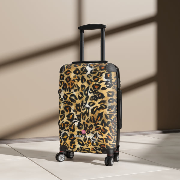 Brown Leopard Print Cabin Suitcase, Animal Print Designer Carry On Polycarbonate Front and Hard-Shell Durable Small 1-Size Carry-on Luggage With 2 Inner Pockets & Built in Lock With 4 Wheel 360° Swivel and Adjustable Telescopic Handle - Made in USA/UK (Size: 13.3" x 22.4" x 9.05", Weight: 7.5 lb) Unique Cute Carry-On Best Personal Travel Bag Custom Luggage - Gift For Him or Her 