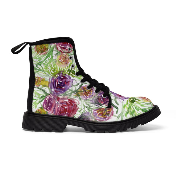 Garden Rose Floral Women's Boots, Pink Yellow Flower Vintage Style Elegant Feminine Casual Fashion Gifts, Flower Rose Print Shoes For Rose Lovers, Combat Boots, Designer Women's Winter Lace-up Toe Cap Hiking Boots Shoes For Women (US Size 6.5-11)