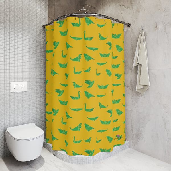 Yellow Crane Polyester Shower Curtain, Japanese Origami Style Crane Birds Print 71" × 74" Modern Kids or Adults Colorful Best Premium Quality American Style One-Sided Luxury Durable Stylish Unique Interior Bathroom Shower Curtains - Printed in USA