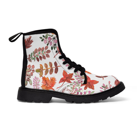 White Fall Leaves Women's Boots, White and Orange Autumn Fall Leaves Print Women's Boots, Combat Boots, Designer Women's Winter Lace-up Toe Cap Hiking Boots Shoes For Women (US Size 6.5-11) Fall Leaves Fashion Canvas Shoes, Fall Leaves Print Winter Boots, Autumn Leaves Printed Boots For Ladies, Colorful Boots For Women