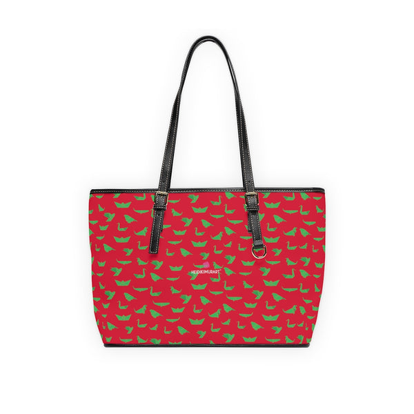 Green Crane Red Tote Bag, Best Stylish Fashionable Printed PU Leather Shoulder Large Spacious Durable Hand Work Bag 17"x11"/ 16"x10" With Gold-Color Zippers & Buckles & Mobile Phone Slots & Inner Pockets, All Day Large Tote Luxury Best Sleek and Sophisticated Cute Work Shoulder Bag For Women With Outside And Inner Zippers