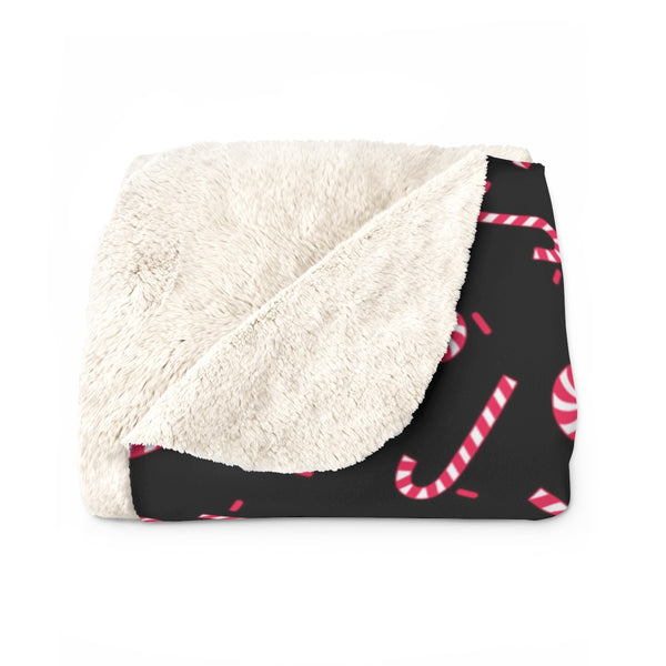 Black White Red Candy Cane Christmas Print Cozy Sherpa Fleece Blanket - Made in USA-Blanket-Heidi Kimura Art LLC Black Candy Cane Fleece Blanket, Black White Red Candy Cane Christmas Print Designer Soft Comfortable Sherpa Fleece Blanket Cozy Sherpa 100% Polyester Fleece Blanket With Plush Backside - Made in USA