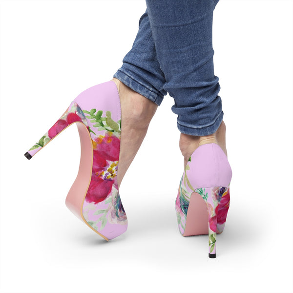 Pink Red Spring Floral Print Women's Designer 4" Platform Pumps High Heels Shoes-4 inch Heels-Heidi Kimura Art LLC