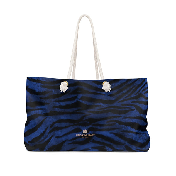 Fierce Navy Blue Tiger Striped Print Oversized Designer 24"x13" Large Weekender Bag-Weekender Bag-24x13-Heidi Kimura Art LLC
