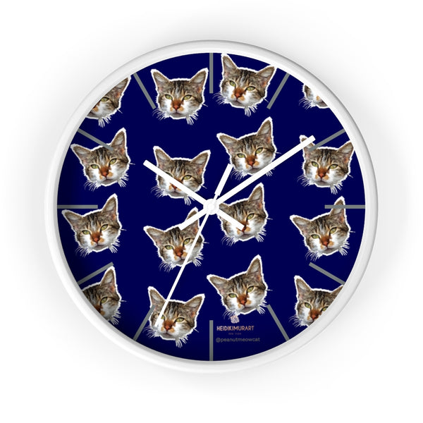 Blue Cat Print Wall Clock, Cute Calico Cat Large 10" Dia. Indoor Wall Clocks- Made in USA-Wall Clock-10 in-White-White-Heidi Kimura Art LLC