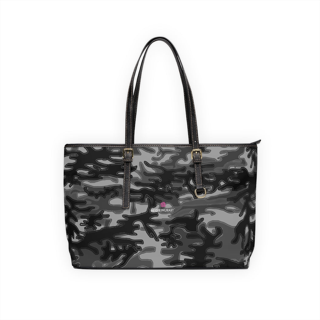 Grey Camo Print Tote Bag, Best Stylish Camouflage Military Army Printed PU Leather Shoulder Large Spacious Durable Hand Work Bag 17"x11"/ 16"x10" With Gold-Color Zippers & Buckles & Mobile Phone Slots & Inner Pockets, All Day Large Tote Luxury Best Sleek and Sophisticated Cute Work Shoulder Bag For Women With Outside And Inner Zippers