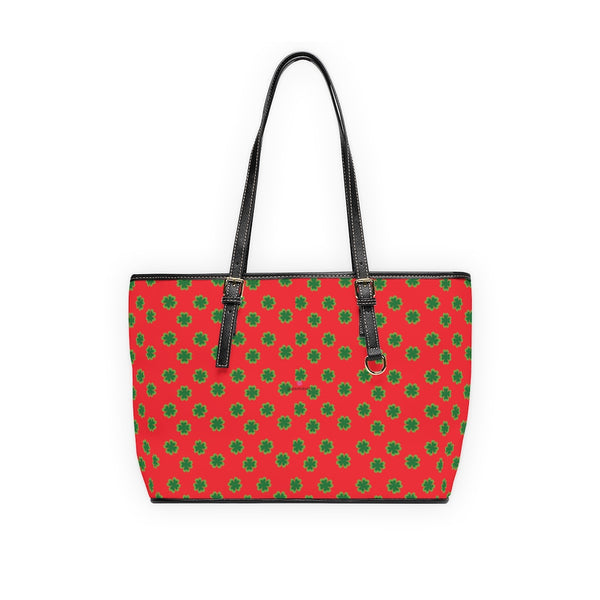 Red Green Clover Tote Bag, PU Leather Shoulder Hand Work Bag