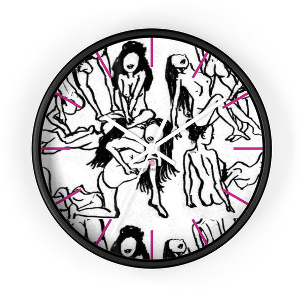 Nude Drawing Art Wall Clock,  Best Black White 10 inch Diameter Pink Art Wall Clock-Printed in USA, Large Round Wood Bedroom Wall Clock