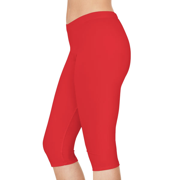 Bright Red Women's Capri Leggings, Knee-Length Polyester Capris Tights-Made in USA (US Size: XS-2XL)