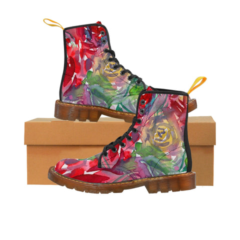 Red Floral Print Women's Boots, Best Winter Flower Print Women's Boots, Combat Boots, Designer Women's Winter Lace-up Toe Cap Hiking Boots Shoes For Women (US Size 6.5-11) Flower Boots For Women, Red Floral Boots For Women