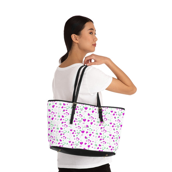 Pink Hearts Print Tote Bag, PU Leather Shoulder Hand Work Bag