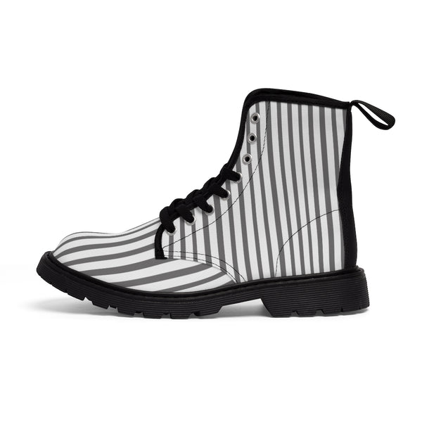 Grey Striped Print Men's Boots, White Stripes Best Hiking Winter Boots Laced Up Shoes For Men-Shoes-Printify-Heidi Kimura Art LLC Grey Striped Print Men's Boots, Grey White Stripes Men's Canvas Hiking Winter Boots, Fashionable Modern Minimalist Best Anti Heat + Moisture Designer Comfortable Stylish Men's Winter Hiking Boots Shoes For Men (US Size: 7-10.5)