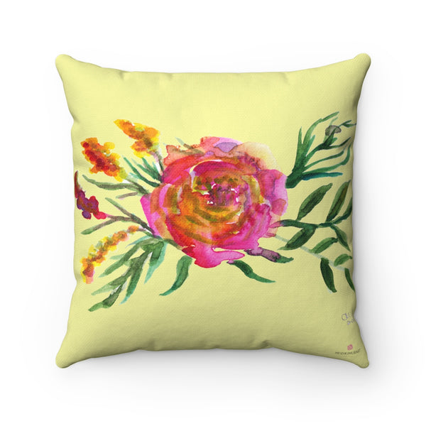 Cute Light Yellow Pink Floral Rose Spun Polyester Square Pillow - Made in USA-Pillow-14x14-Heidi Kimura Art LLC