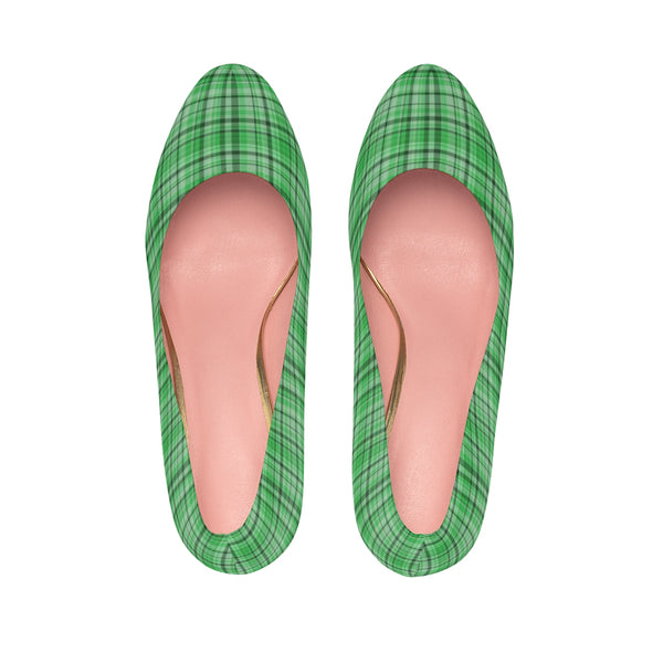 Green Plaid Scottish Tartan Print Women's Platform Heels Stiletto Pumps (US Size: 5-11)-4 inch Heels-Heidi Kimura Art LLC