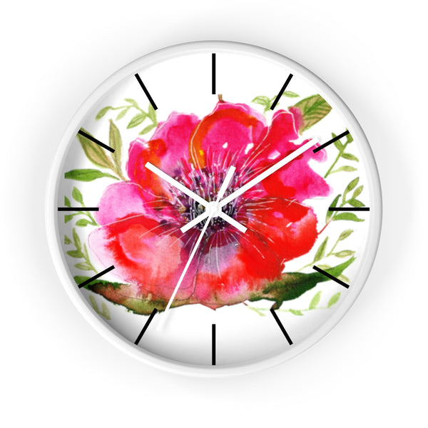 Pink Hibiscus Floral Print Wall Clock, 10" Dia. Modern Unique Indoor Clock-Made in USA-Wall Clock-White-White-Heidi Kimura Art LLC Pink Hibiscus Floral Clock, Hot Pink Hibiscus Floral Print 10 inch Diameter Modern Unique Indoor Wall Clock - Made in USA 