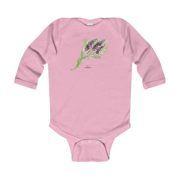 Purple French Lavender Floral Print Infant Long Sleeve Bodysuit - Made in UK-Kids clothes-Pink-12M-Heidi Kimura Art LLC