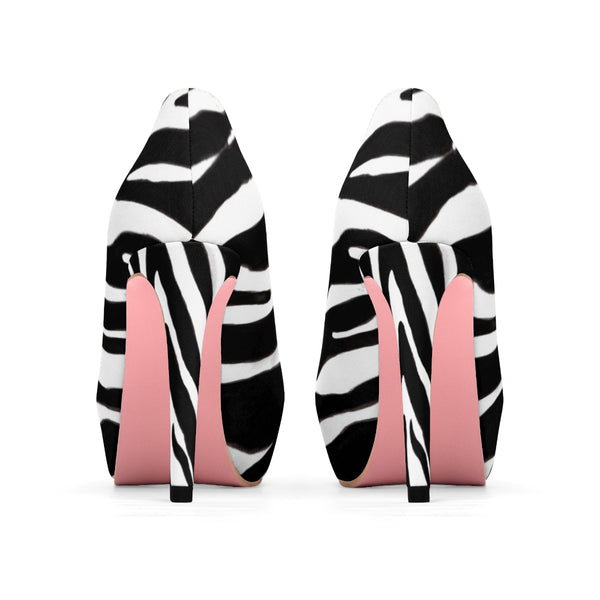 Black White Zebra Stripe Animal Print Women's 4 inch Platform Heels Pumps Stilettos-4 inch Heels-Heidi Kimura Art LLC