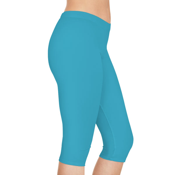 Light Blue Women's Capri Leggings, Modern Essential Solid Color American-Made Best Designer Premium Quality Knee-Length Mid-Waist Fit Knee-Length Polyester Capris Tights-Made in USA (US Size: XS-3XL) Plus Size Available