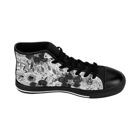 Grey Floral Women's Sneakers, Flower Print Designer High-top Sneakers Tennis Shoes-Shoes-Printify-Black-US 9-Heidi Kimura Art LLC