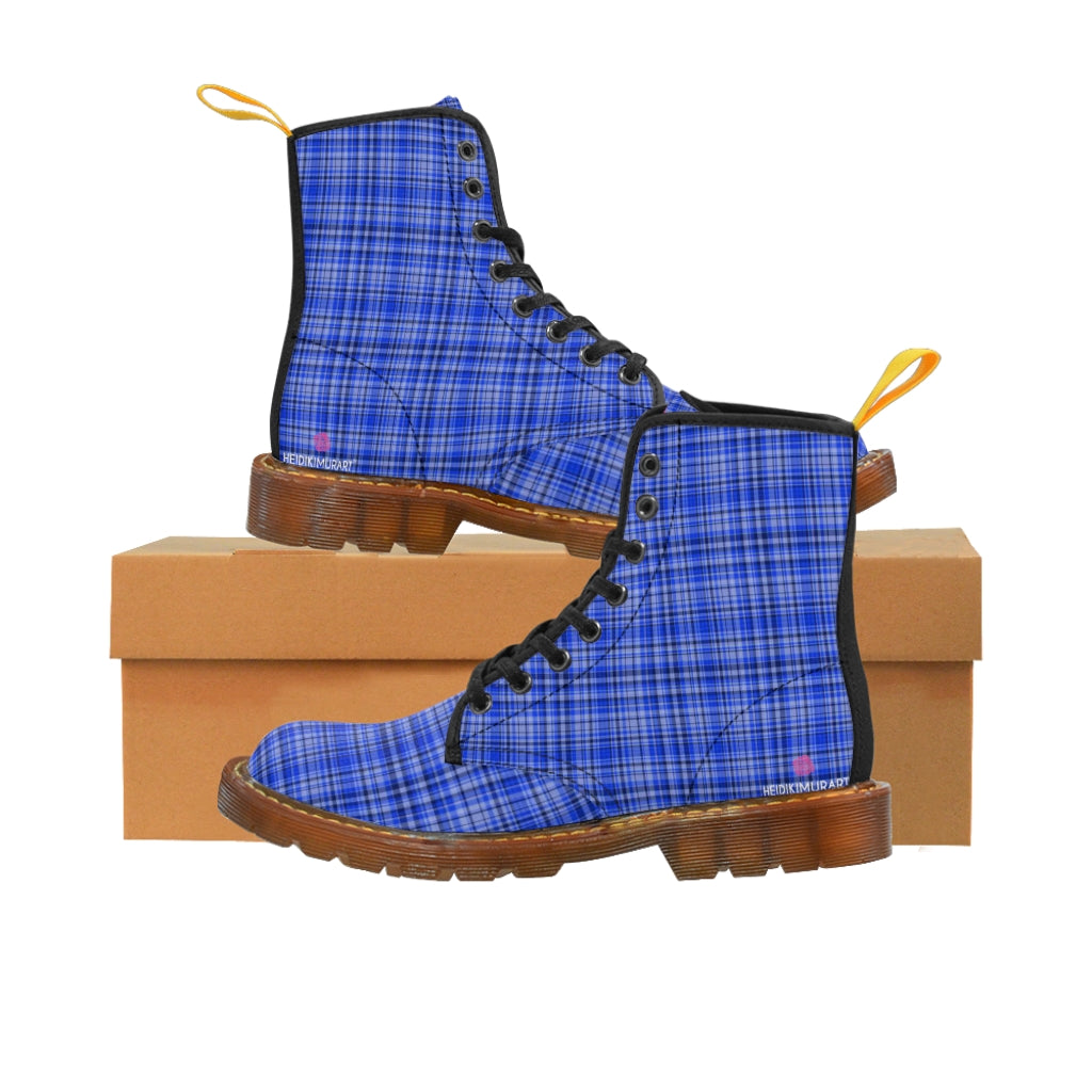 Preppy Blue Plaid Women's Canvas Boots, Best Blue Plaid Print Canvas Boots For Women, Elegant Feminine Casual Fashion Gifts, Hunting Style Combat Boots, Designer Women's Winter Lace-up Toe Cap Hiking Boots Shoes For Women (US Size 6.5-11)
