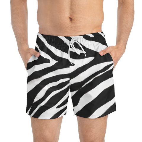 Zebra Men's Swim Trunks, White and Black Best Designer Zebra Stripes Animal Print Swim Trunks For Men (US Size: XS-3XL)&nbsp;Animal Print Mid-Length Shorts Beach Pockets Mesh Lining Drawstring Luxury Cool Guys Casual Bathing Suit Plus Size Available Swimwear For Men