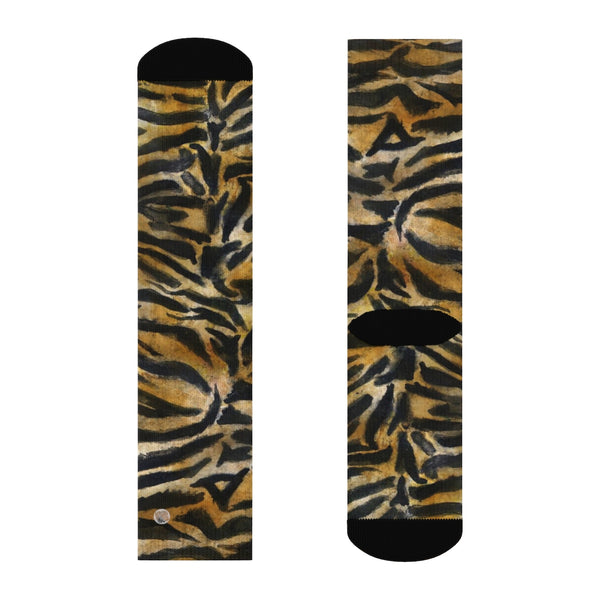 Tiger Stripe Print Unisex Socks, Orange Tiger Animal Print Women's/ Men's Luxury Socks-Socks-Crew-Heidi Kimura Art LLC