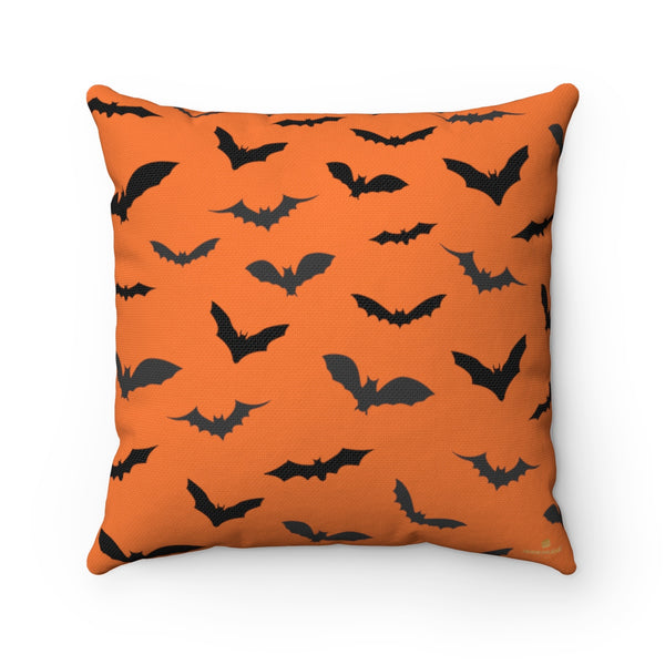 Orange Black Bats Print Halloween Pillow Spun Polyester Square Pillow- Made in USA-Pillow-14" x 14"-Heidi Kimura Art LLC