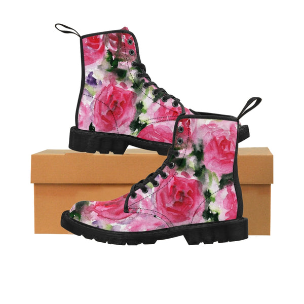 Abstract Pink Floral Women's Boots, Flower Rose Print Elegant Feminine Casual Fashion Gifts, Flower Rose Print Shoes For Rose Lovers, Combat Boots, Designer Women's Winter Lace-up Toe Cap Hiking Boots Shoes For Women (US Size 6.5-11)