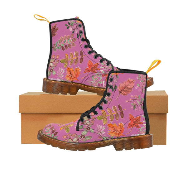 Pink Fall Leaves Women's Boots, Pink Autumn Fall Leaves Print Women's Boots, Combat Boots, Designer Women's Winter Lace-up Toe Cap Hiking Boots Shoes For Women (US Size 6.5-11) Fall Leaves Fashion Canvas Shoes, Fall Leaves Print Winter Boots, Autumn Leaves Printed Boots For Ladies, Colorful Boots For Women
