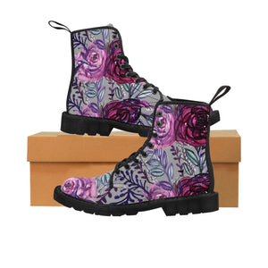 Grey Pink Floral Women's Boots, Flower Rose Print Elegant Feminine Casual Fashion Gifts, Flower Rose Print Shoes For Rose Lovers, Combat Boots, Designer Women's Winter Lace-up Toe Cap Hiking Boots Shoes For Women (US Size 6.5-11)