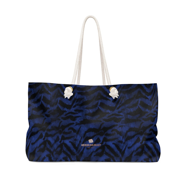 Navy Blue Tiger Stripe Animal Print Oversized Designer 24"x13" Large Weekender Bag-Weekender Bag-24x13-Heidi Kimura Art LLC
